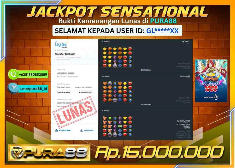 PURA88 JACKPOT STARLIGHT PRINCESS 1000 Rp 15.000.000,- LUNAS